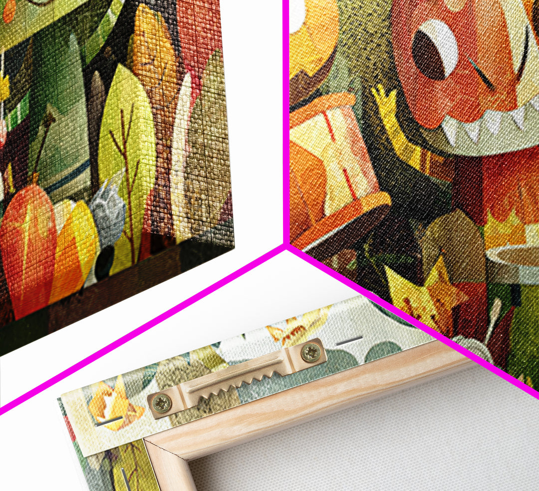 The Little Monster Orchestra, Paper Collage Halloween, Wide Panoramic Art, Framed Canvas Print, Cute Halloween Wall Art