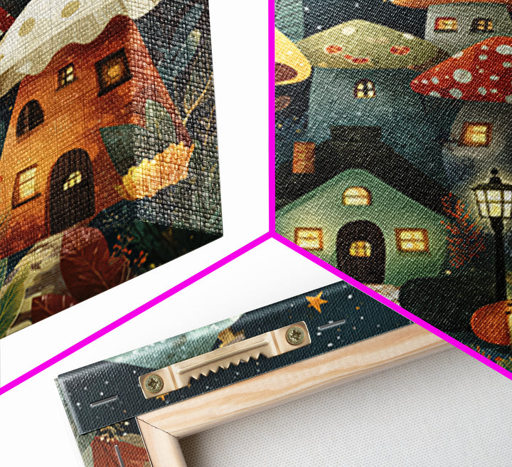 The Lantern-Lit Mushroom Village, Retro Halloween Art, Square Wall Art, Canvas Print, Cute Halloween Wall Art