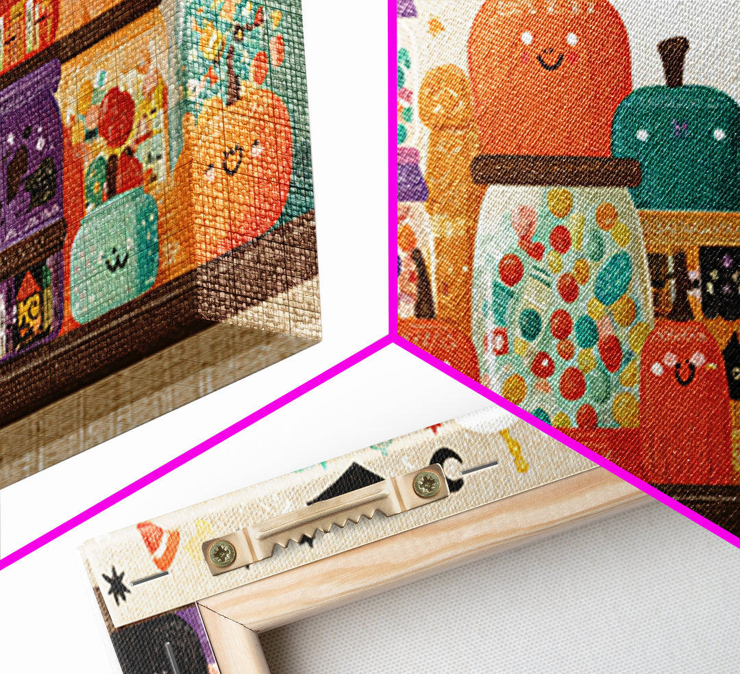 The Jellybean Potion Shop, Screenprint Halloween Art, Wide Panoramic Art, Framed Canvas Print, Cute Halloween Wall Art