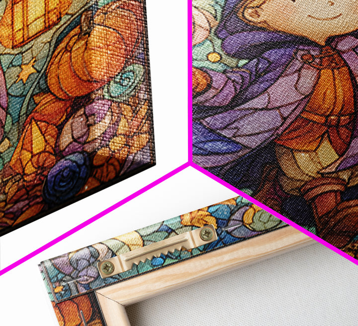 The Lantern-Light Wizard, Stained Glass Halloween, Square Wall Art, Canvas Print, Cute Halloween Wall Art