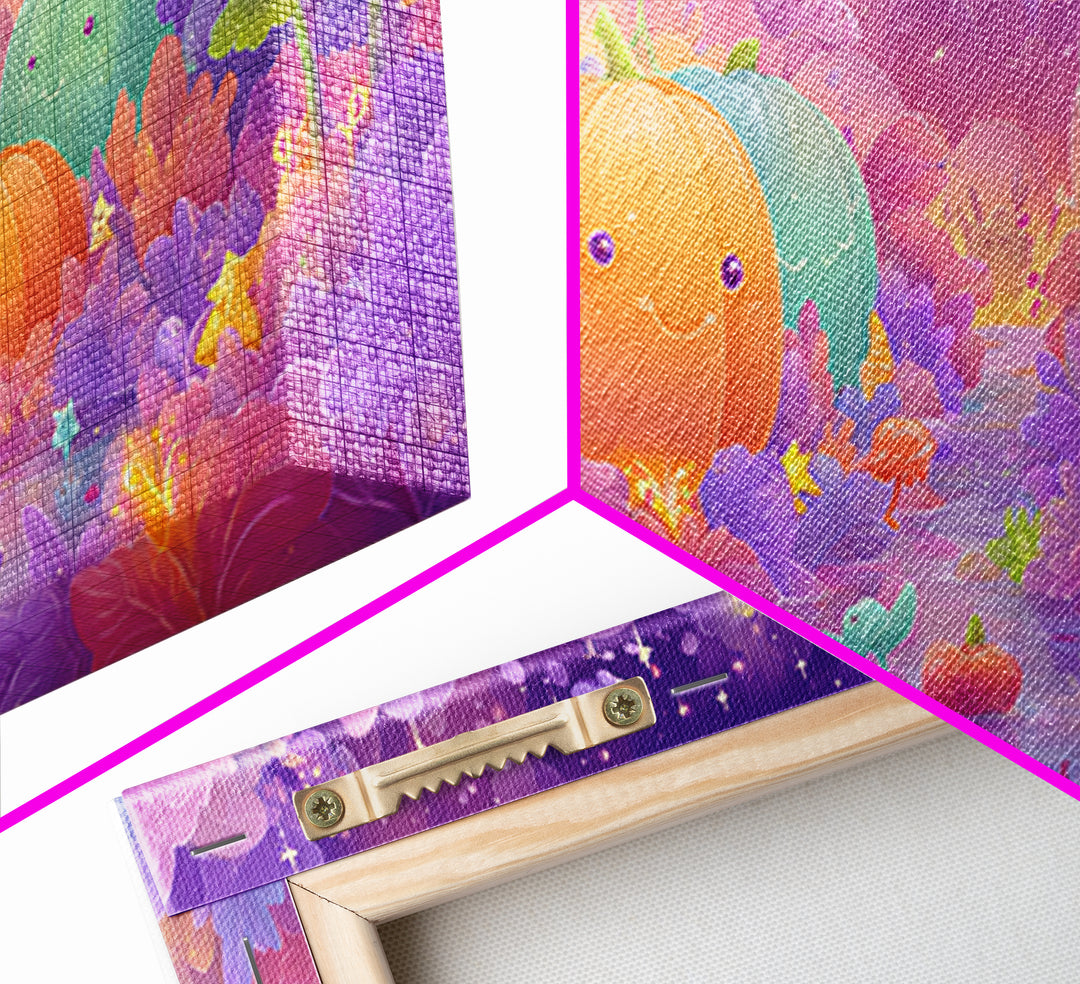 The Pumpkin Fairy Garden, Vaporwave Halloween Art, Wide Panoramic Art, Framed Canvas Print, Cute Halloween Wall Art