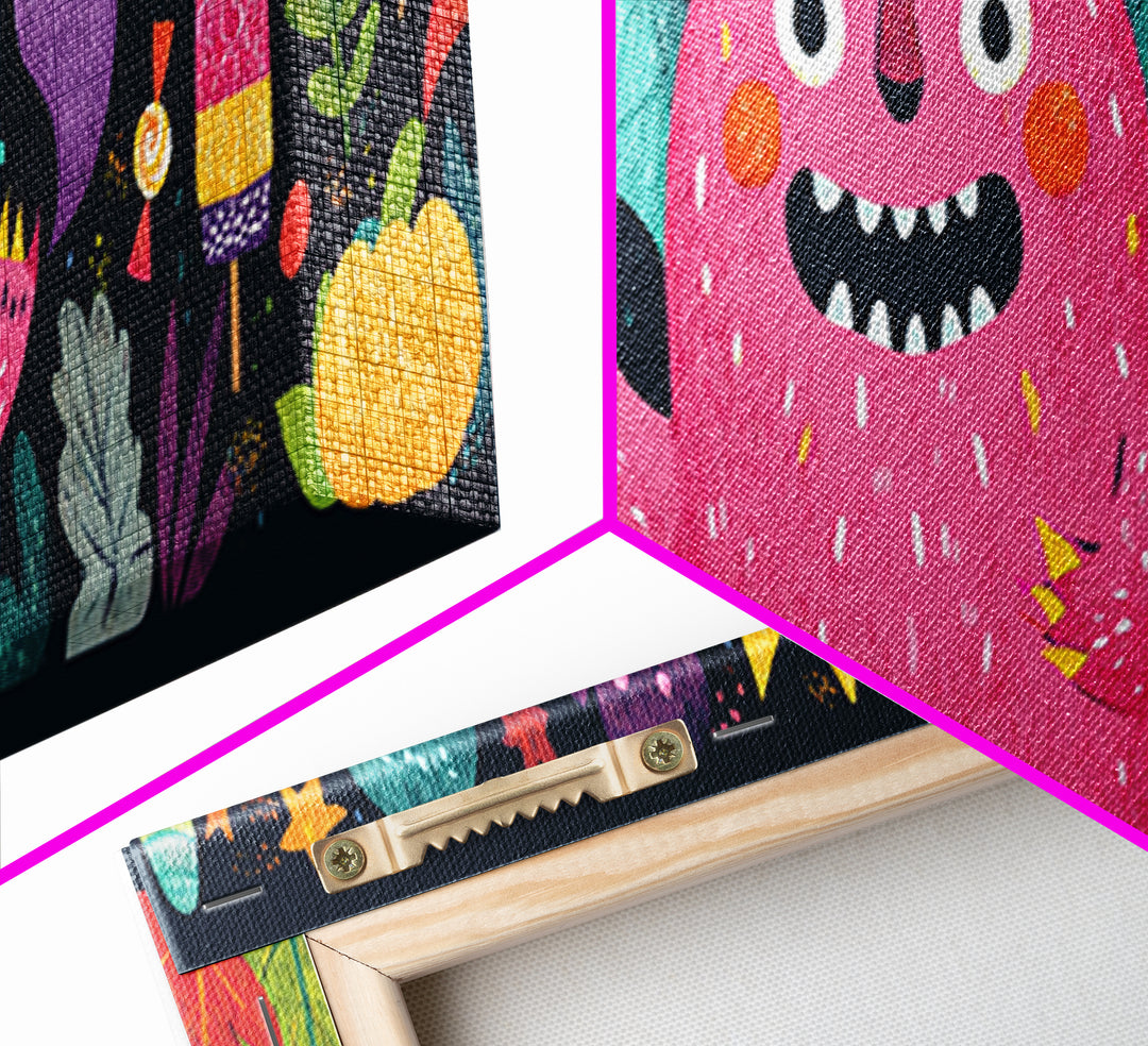 The Polka-Dot Monster, Pixel Halloween Art, Extra Wide Wall Art, Canvas Print, Cute Halloween Wall Art