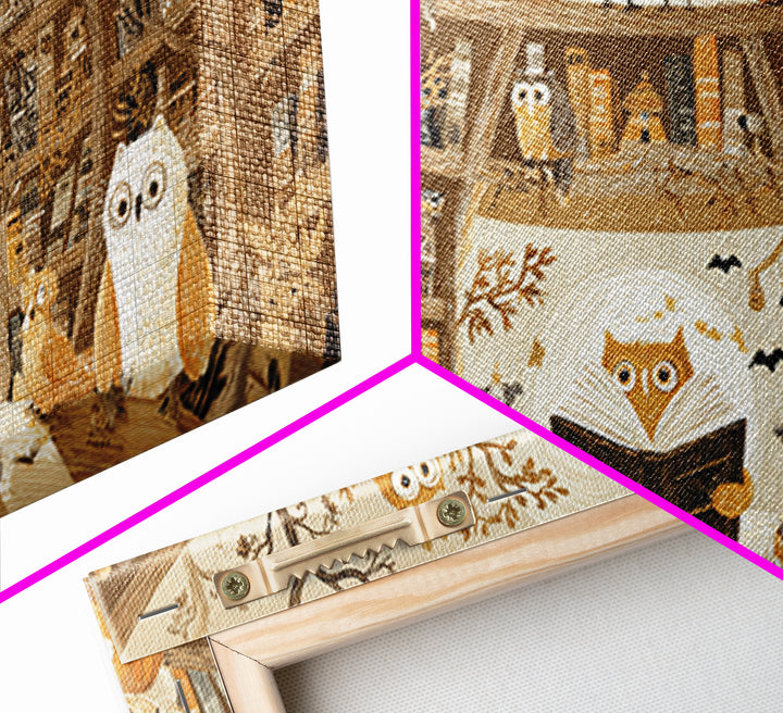The Moonbeam Library, Crayon Halloween Art, Wide Panoramic Art, Framed Canvas Print, Cute Halloween Wall Art