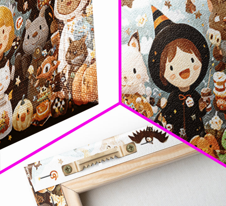 The Friendly Familiar Club, Kawaii Halloween Art, Wide Panoramic Art, Framed Canvas Print, Cute Halloween Wall Art