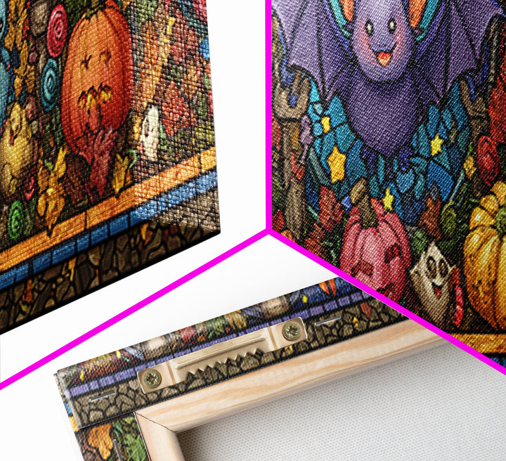 The Bat Balloon Factory, Stained Glass Halloween, Extra Wide Wall Art, Canvas Print, Cute Halloween Wall Art
