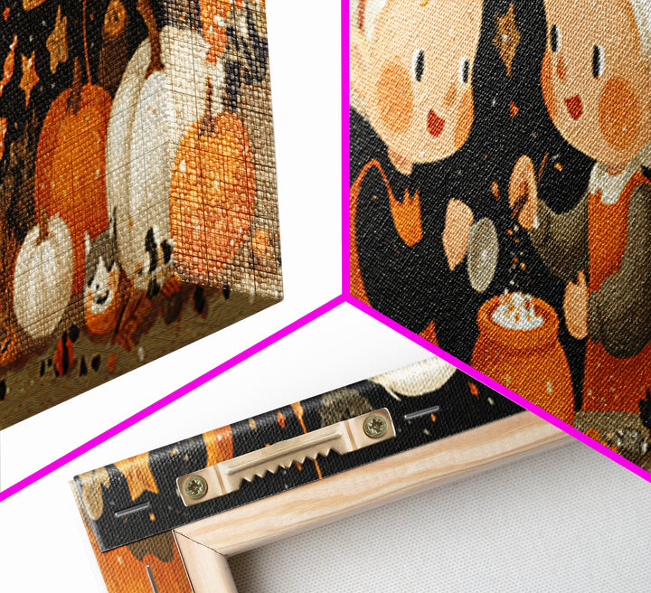 The Pumpkin Potion Twins, Gouache Halloween Art, Extra Wide Wall Art, Canvas Print, Cute Halloween Wall Art