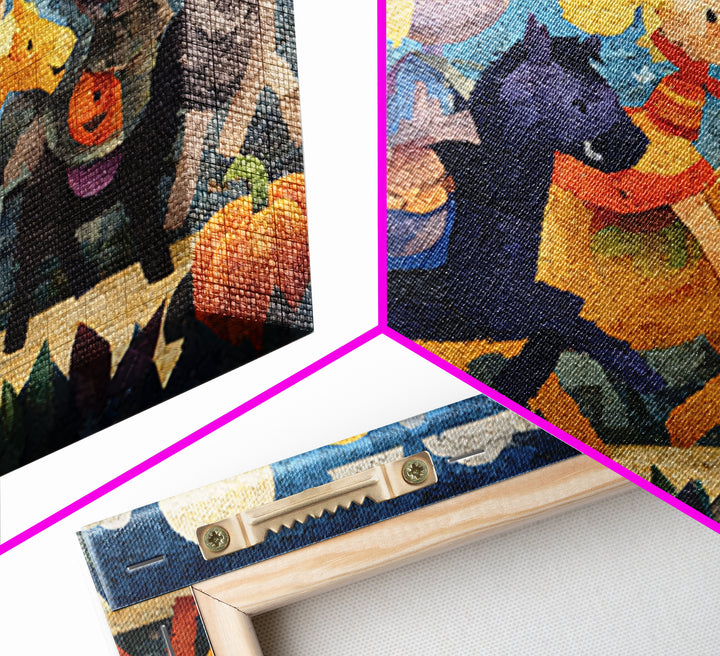 The Halloween Pet Parade, Paper Collage Halloween, Landscape Wall Art, Framed Canvas Print, Cute Halloween Wall Art