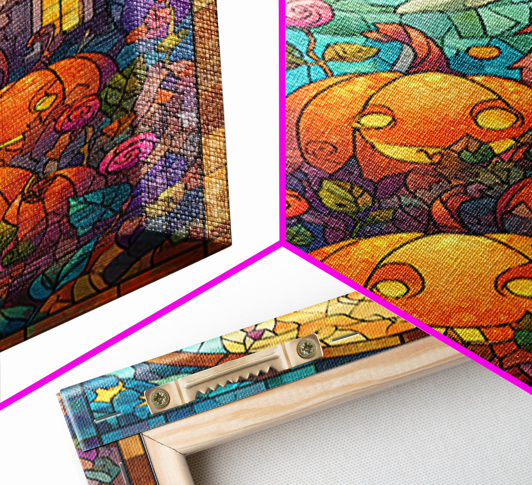 The Starry Pumpkin Farm, Stained Glass Halloween, Vertical Wall Art, Canvas Print, Cute Halloween Wall Art