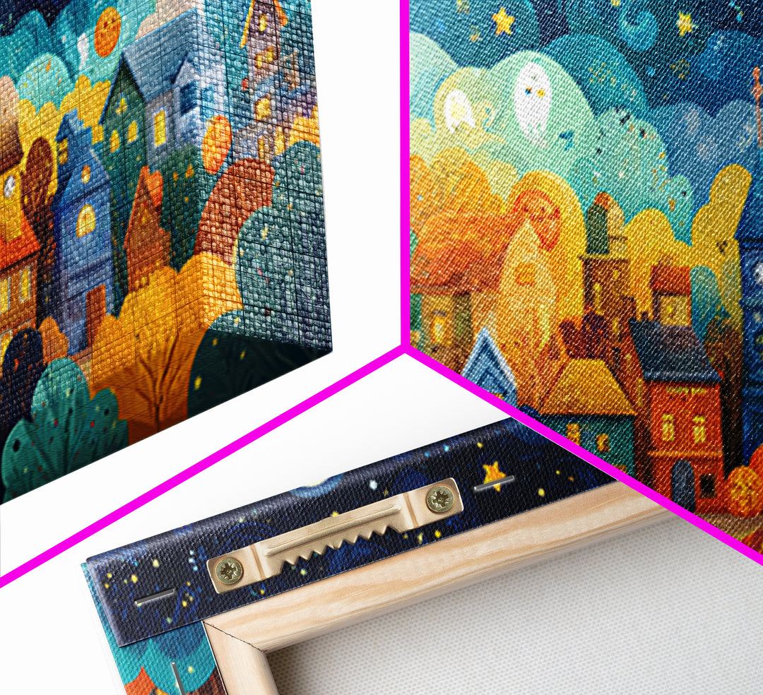 The Rainbow Halloween Night, Vector Halloween Art, Wide Panoramic Art, Framed Canvas Print, Cute Halloween Wall Art