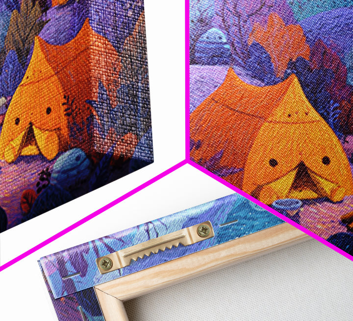 The Pumpkin Campout, Crayon Halloween Art, Landscape Wall Art, Framed Canvas Print, Cute Halloween Wall Art