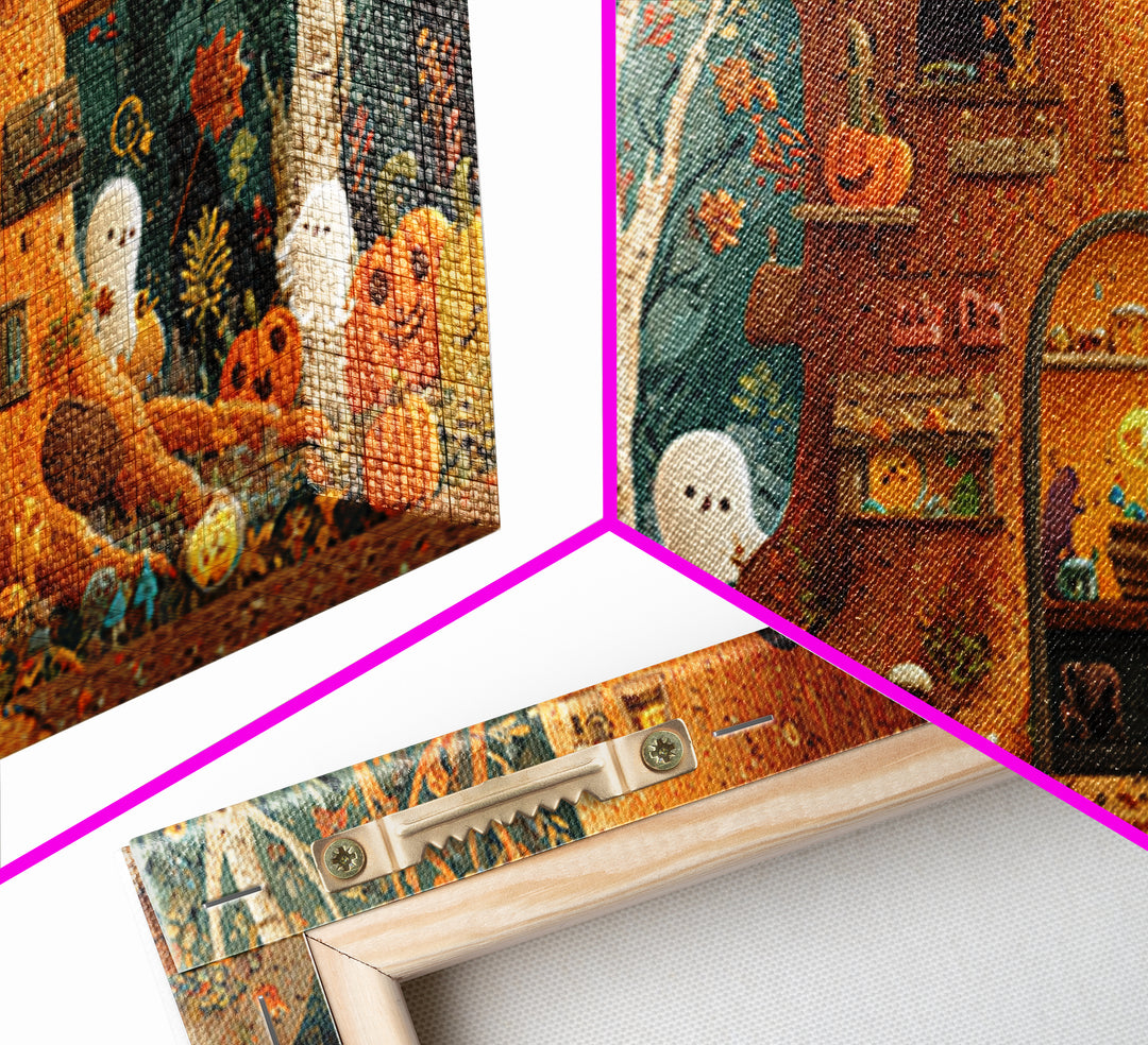 The Cozy Hollow Tree, Paper Collage Halloween, Wide Panoramic Art, Framed Canvas Print, Cute Halloween Wall Art