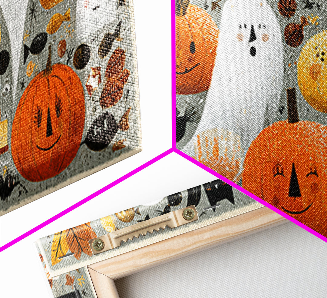 The Halloween Craft Table, Screenprint Halloween Art, Wide Panoramic Art, Framed Canvas Print, Cute Halloween Wall Art