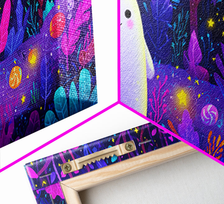 The Ghost And Firefly Friends, Vaporwave Halloween Art, Wide Panoramic Art, Framed Canvas Print, Cute Halloween Wall Art