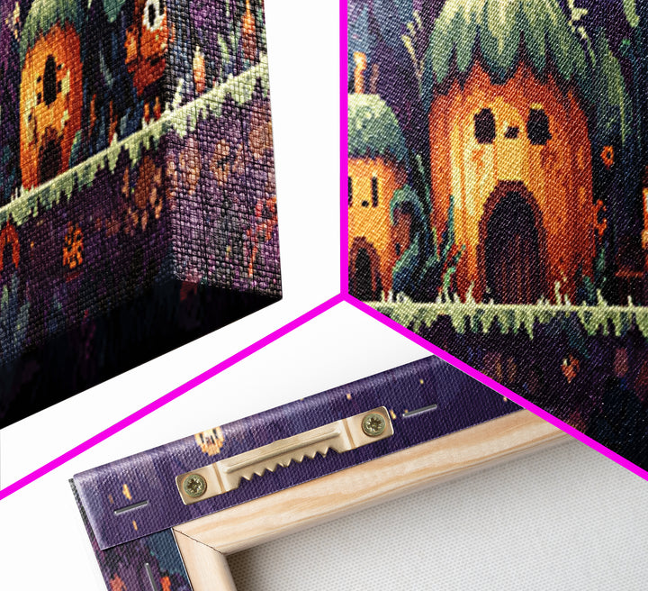 The Moonlit Acorn Village, Pixel Halloween Art, Extra Wide Wall Art, Canvas Print, Cute Halloween Wall Art