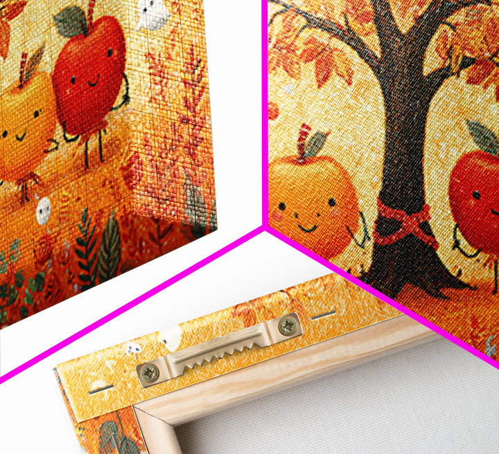 The Caramel Apple Friends, Crayon Halloween Art, Wide Panoramic Art, Framed Canvas Print, Cute Halloween Wall Art