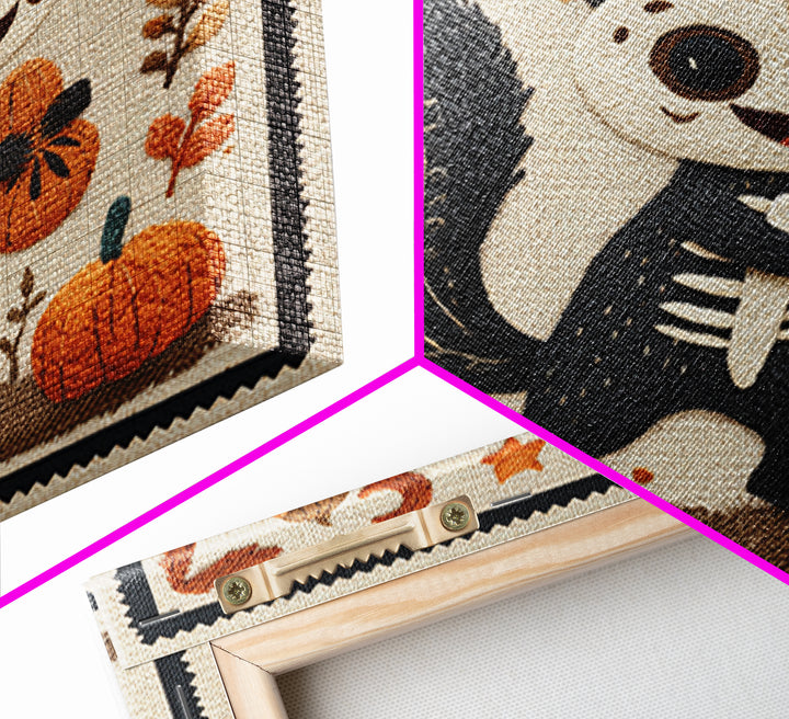 The Squirrel Skeleton, Embroidered Halloween Art, Square Wall Art, Canvas Print, Cute Halloween Wall Art