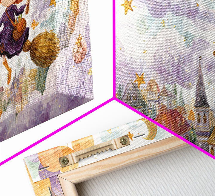 The Witch With A Balloon Broom, Watercolor Halloween Art, Wide Panoramic Art, Framed Canvas Print, Cute Halloween Wall Art