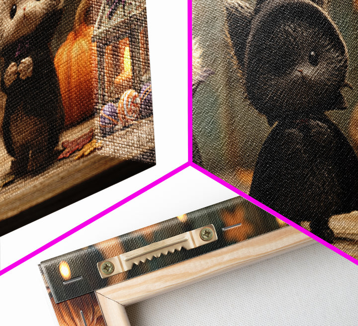 The Kitten Vampire, Clay Halloween Art, Wide Panoramic Art, Framed Canvas Print, Cute Halloween Wall Art