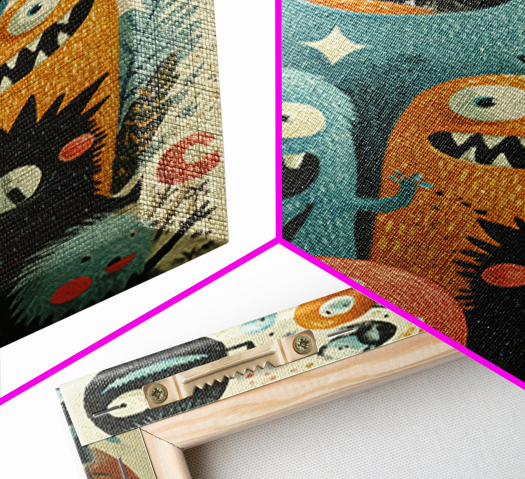 The Monster Toothbrush Club, Retro Halloween Art, Vertical Wall Art, Canvas Print, Cute Halloween Wall Art