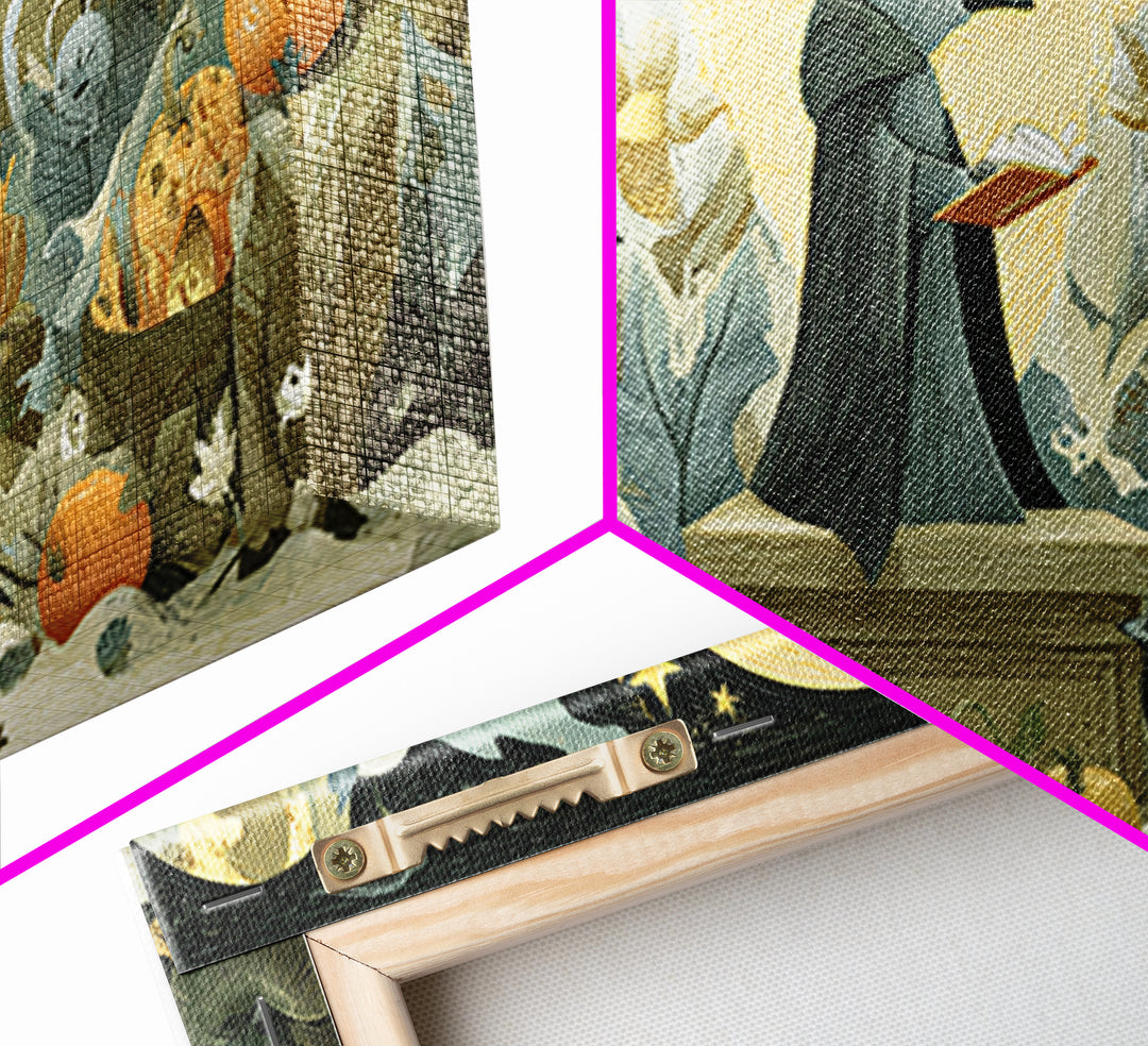 The Raven Sermon Of Leng, Linocut Halloween Art, Wide Panoramic Art, Framed Canvas Print, Cute Halloween Wall Art
