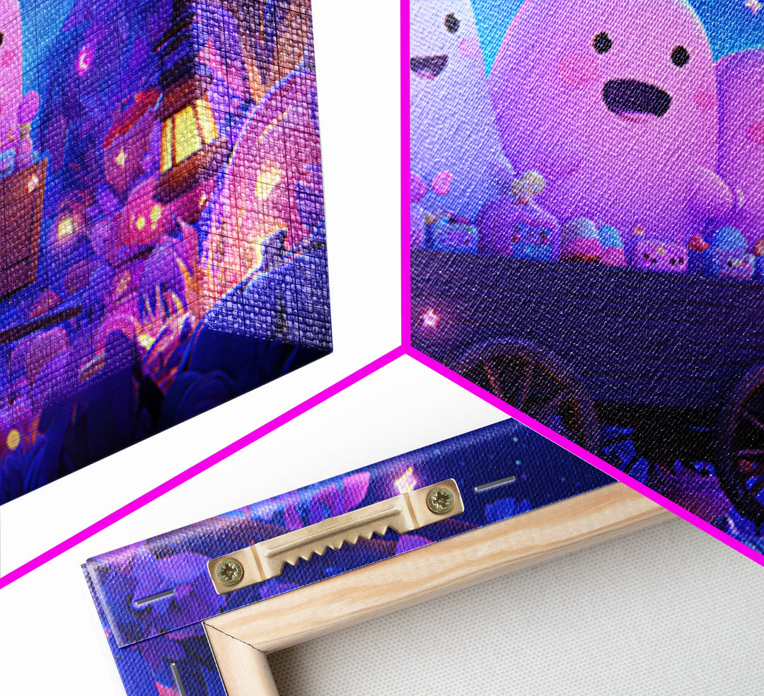 The Friendly Haunted Hayride, Vaporwave Halloween Art, Landscape Wall Art, Framed Canvas Print, Cute Halloween Wall Art