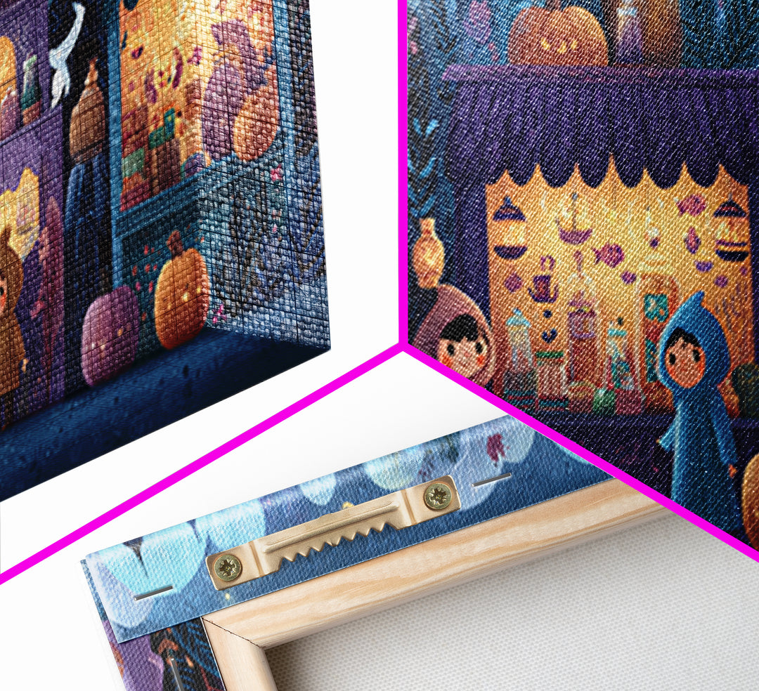 The Lantern Market Beyond The Veil, Vector Halloween Art, Wide Panoramic Art, Framed Canvas Print, Cute Halloween Wall Art