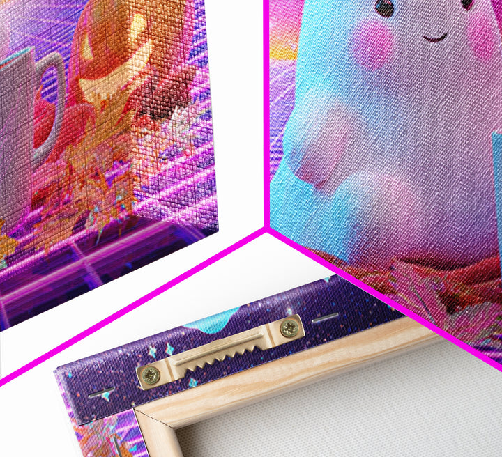 The Marshmallow Ghost, Cute Spooky Neon Art, Wide Panoramic Art, Canvas Print, Retro Halloween Decor, Neon Wall Art, Seasonal Home Decor