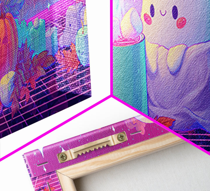 The Marshmallow Ghost, Retro Neon Halloween Art, Extra Wide Wall Art, Framed Canvas Print, Retro Halloween Decor, Neon Wall Art