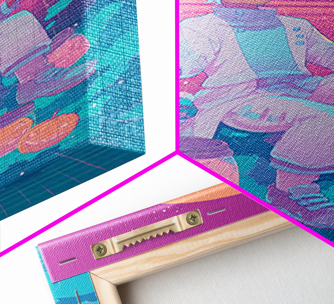The Moonbeam Wizard, Vaporwave Halloween Decor, Vertical Wall Art, Framed Canvas Print, Retro Halloween Decor, Neon Wall Art