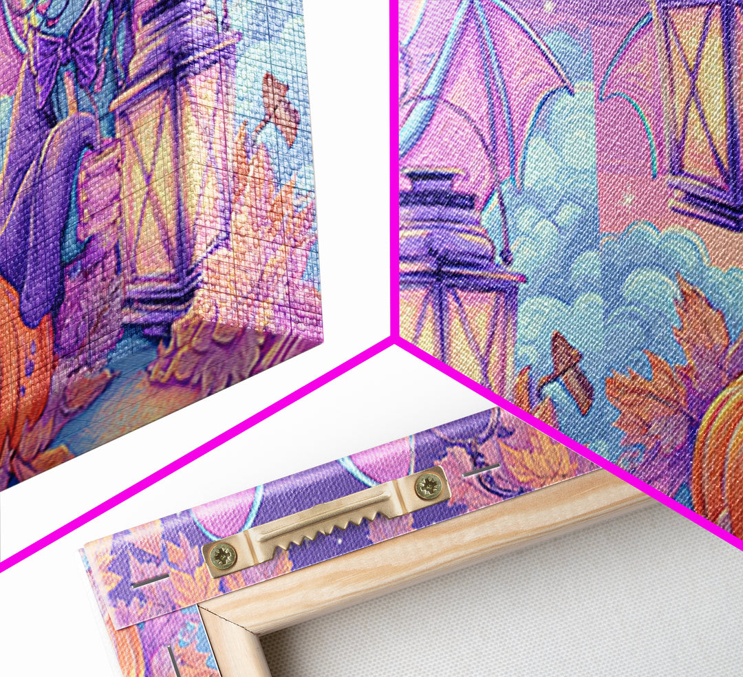 The Bow-Tie Bat, Vaporwave Halloween Decor, Wide Panoramic Art, Framed Canvas Print, Retro Halloween Decor, Neon Wall Art