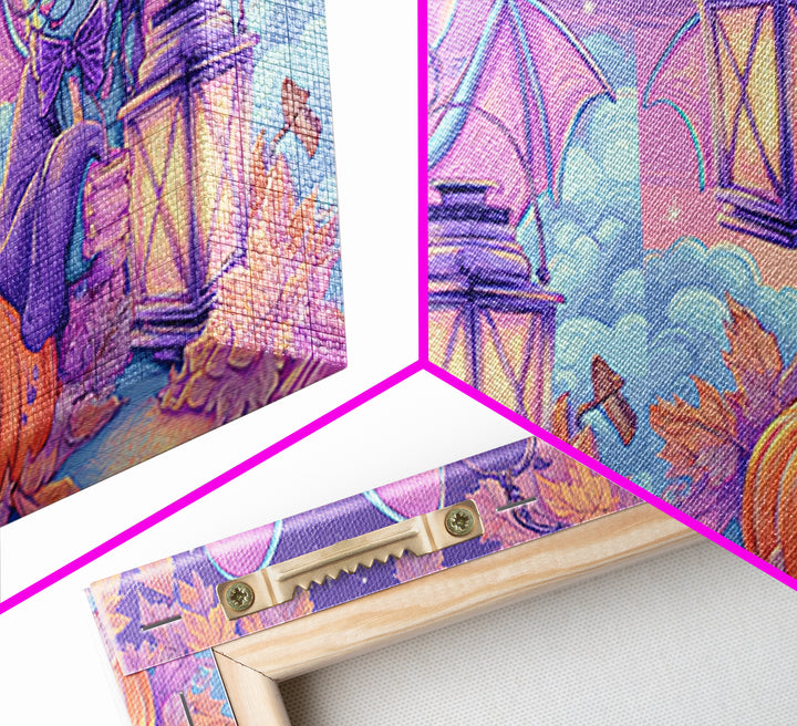 The Bow-Tie Bat, Vaporwave Halloween Decor, Wide Panoramic Art, Framed Canvas Print, Retro Halloween Decor, Neon Wall Art