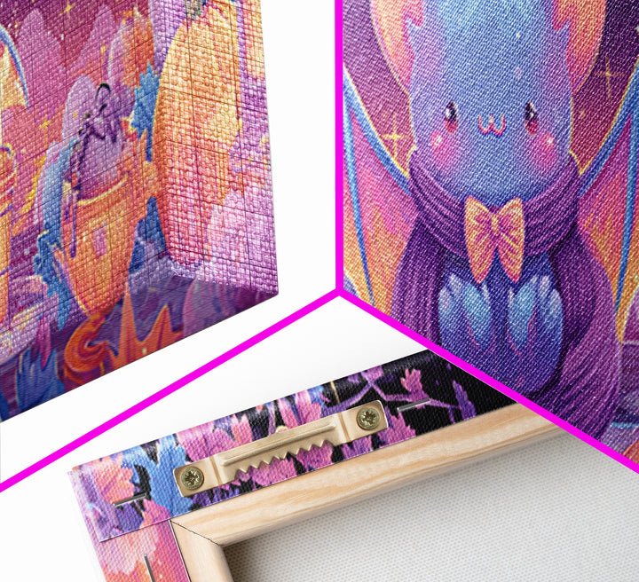 The Bow-Tie Bat, Cute Spooky Neon Art, Extra Wide Wall Art, Canvas Print, Retro Halloween Decor, Neon Wall Art, Dark Fantasy Art