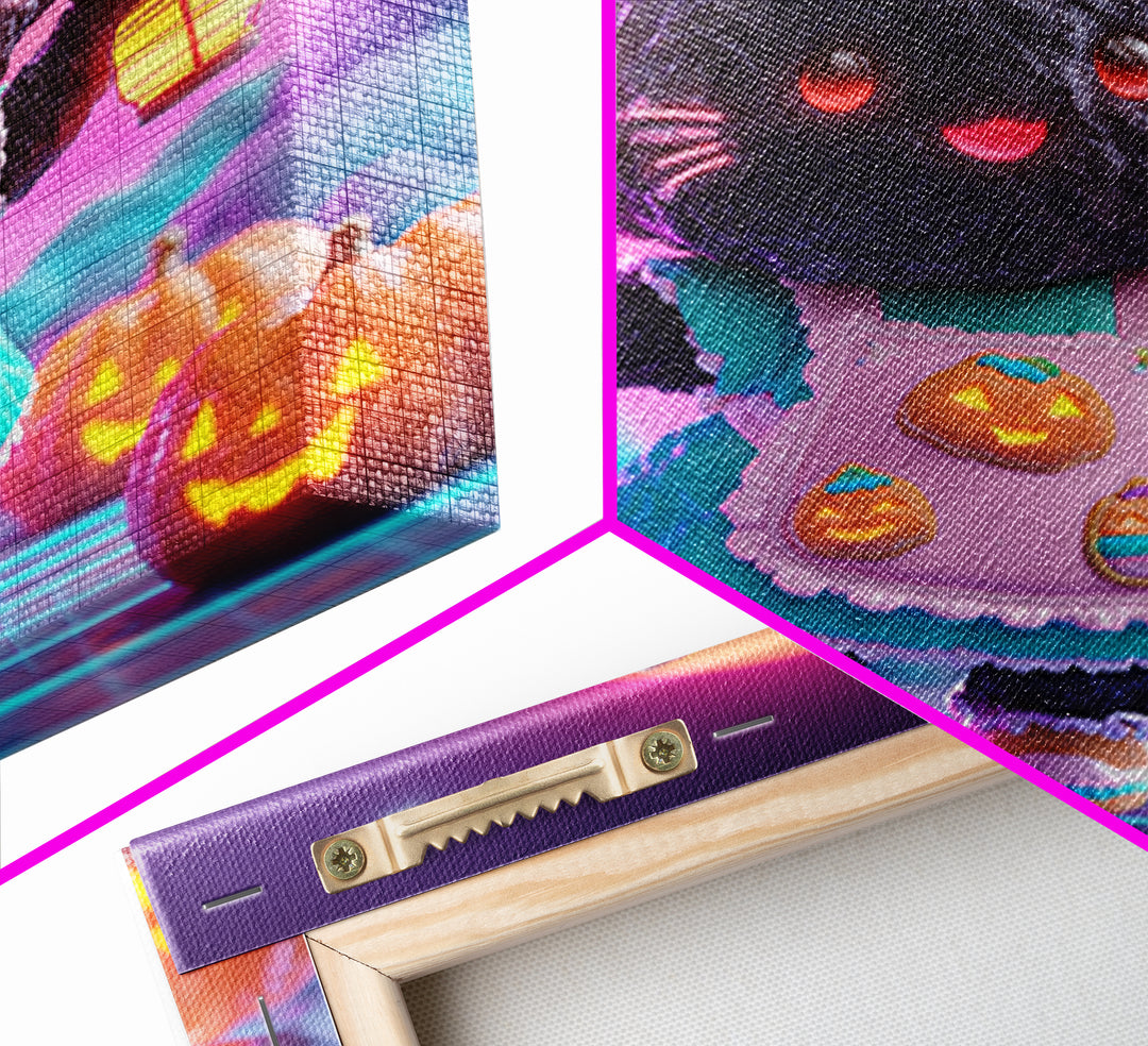 The Black Cat Baker, Vaporwave Halloween Decor, Square Wall Art, Framed Canvas Print, Retro Halloween Decor, Neon Wall Art, Horror Wall Art