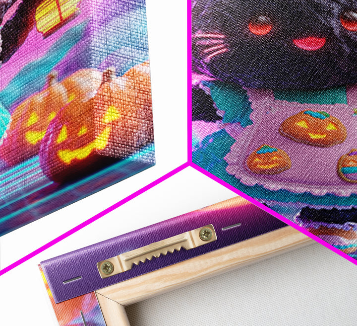 The Black Cat Baker, Vaporwave Halloween Decor, Square Wall Art, Framed Canvas Print, Retro Halloween Decor, Neon Wall Art, Horror Wall Art