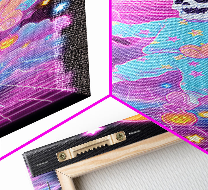 The Pajama Skeleton, Synthwave Halloween Art, Vertical Wall Art, Framed Canvas Print, Retro Halloween Decor, Neon Wall Art