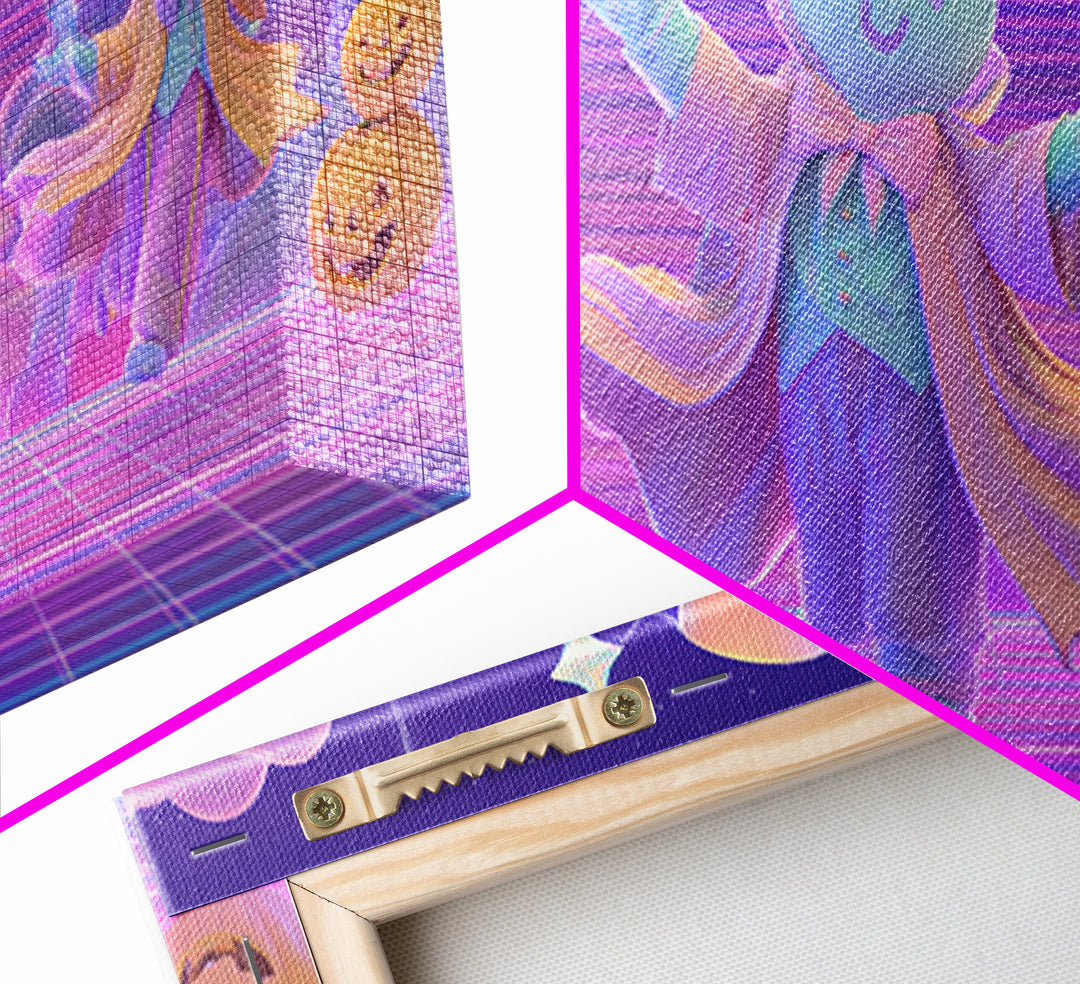 The Star-Cape Magician, Synthwave Halloween Art, Wide Panoramic Art, Framed Canvas Print, Retro Halloween Decor, Neon Wall Art