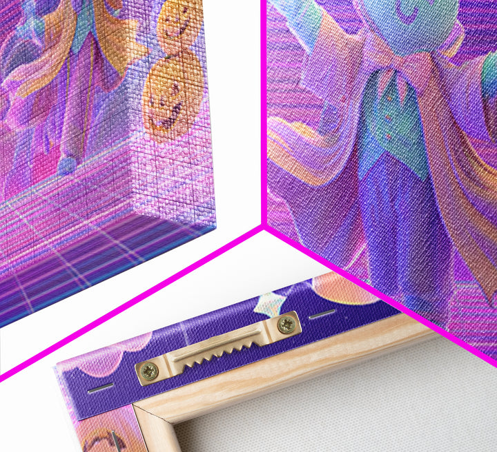 The Star-Cape Magician, Synthwave Halloween Art, Wide Panoramic Art, Framed Canvas Print, Retro Halloween Decor, Neon Wall Art
