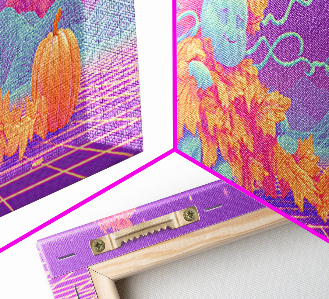 The Autumn Leaf Sprite, Retro Neon Halloween Art, Extra Wide Wall Art, Framed Canvas Print, Retro Halloween Decor, Neon Wall Art