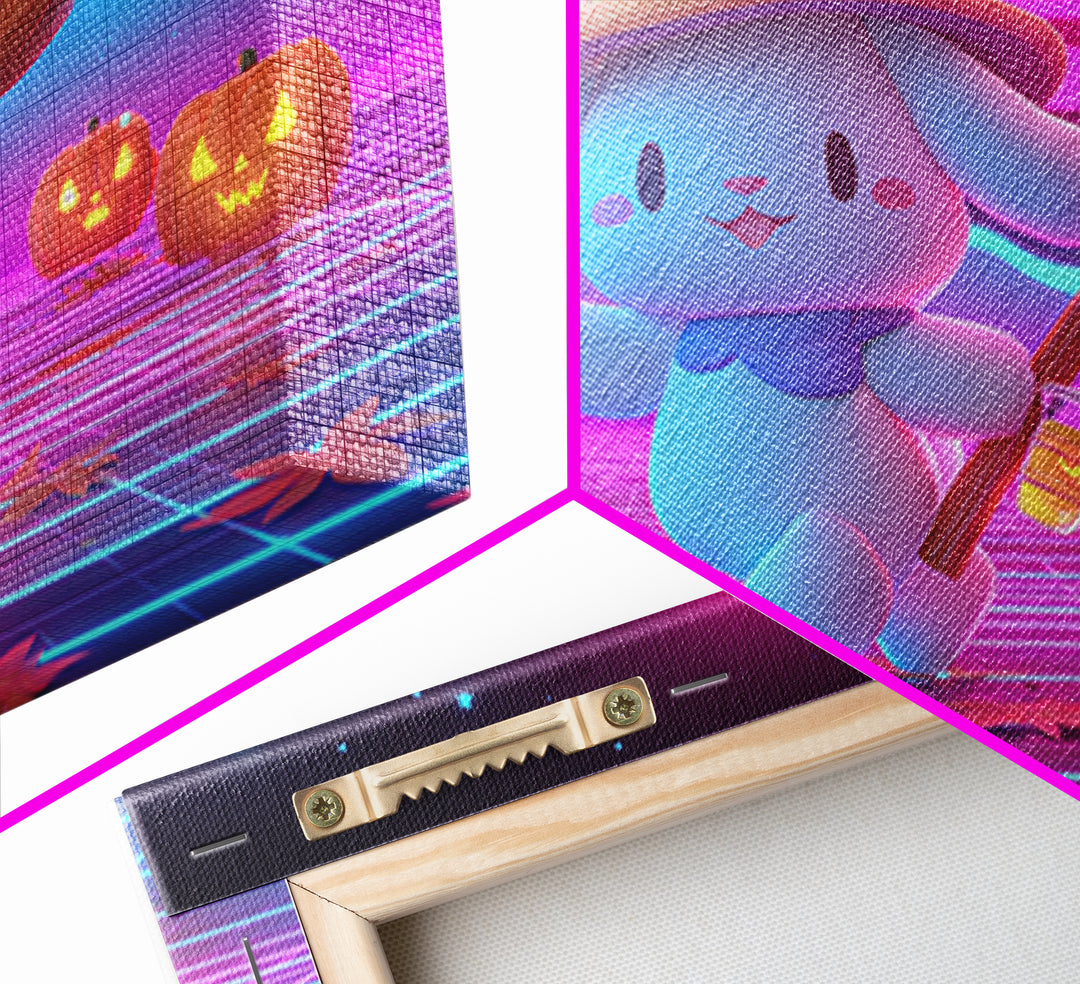 The Bunny Witch, Retro Neon Halloween Art, Landscape Wall Art, Framed Canvas Print, Retro Halloween Decor, Neon Wall Art
