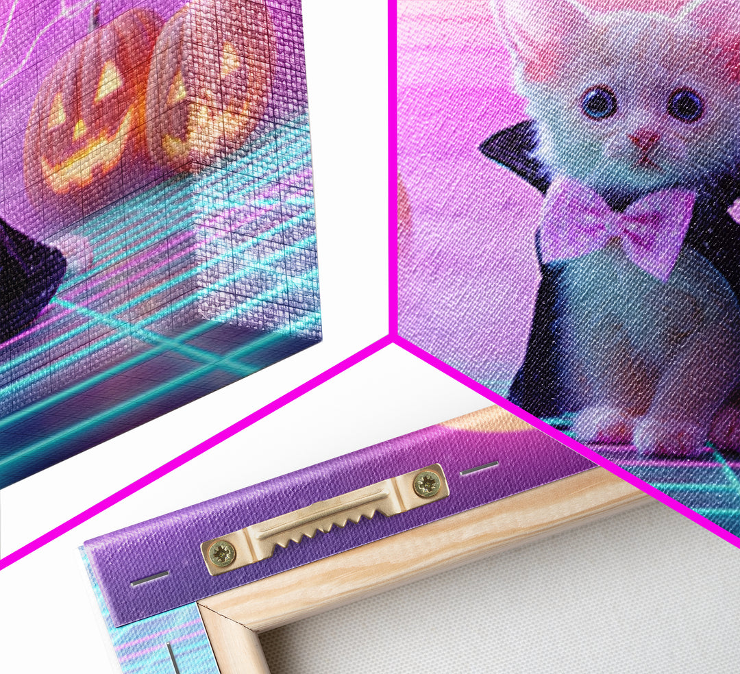 The Kitten Vampire, 80s Halloween Wall Art, Landscape Wall Art, Framed Canvas Print, Retro Halloween Decor, Neon Wall Art, Horror Wall Art