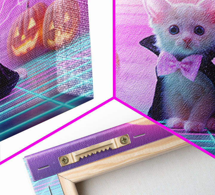 The Kitten Vampire, 80s Halloween Wall Art, Landscape Wall Art, Framed Canvas Print, Retro Halloween Decor, Neon Wall Art, Horror Wall Art