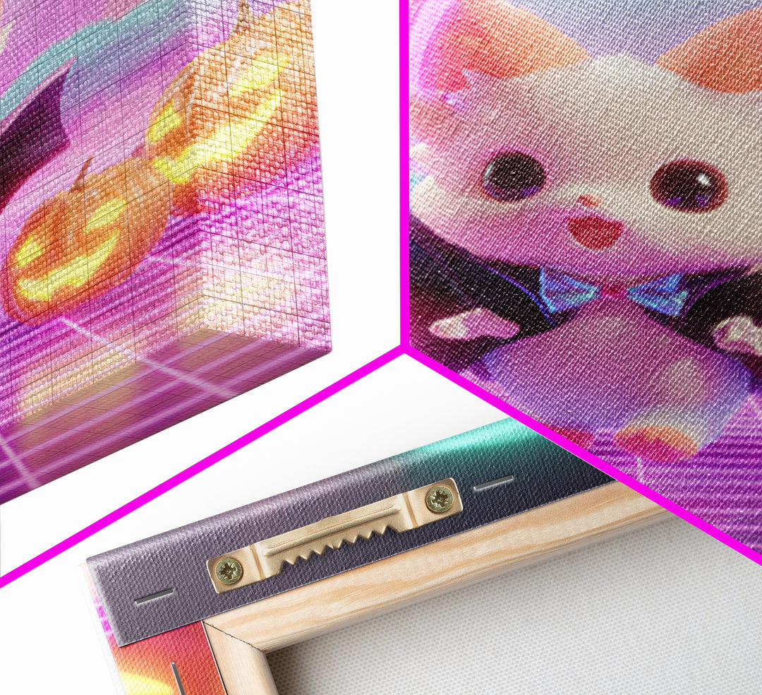 The Kitten Vampire, Vaporwave Halloween Decor, Square Wall Art, Canvas Print, Retro Halloween Decor, Neon Wall Art, Collectible Wall Decor