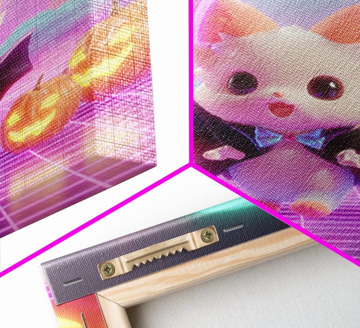 The Kitten Vampire, Vaporwave Halloween Decor, Square Wall Art, Canvas Print, Retro Halloween Decor, Neon Wall Art, Collectible Wall Decor