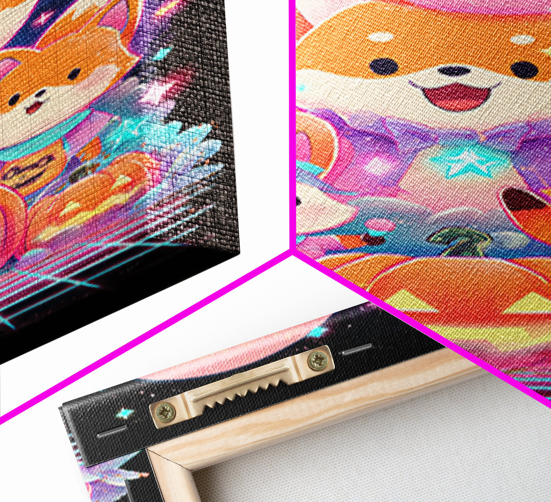 The Fox Wizard, Cute Spooky Neon Art, Vertical Wall Art, Framed Canvas Print, Retro Halloween Decor, Neon Wall Art, Horror Wall Art