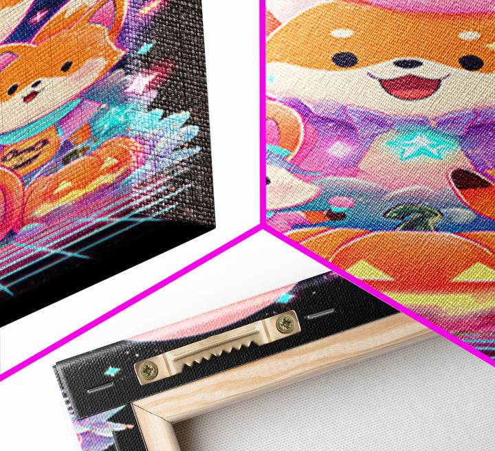 The Fox Wizard, Cute Spooky Neon Art, Vertical Wall Art, Framed Canvas Print, Retro Halloween Decor, Neon Wall Art, Horror Wall Art