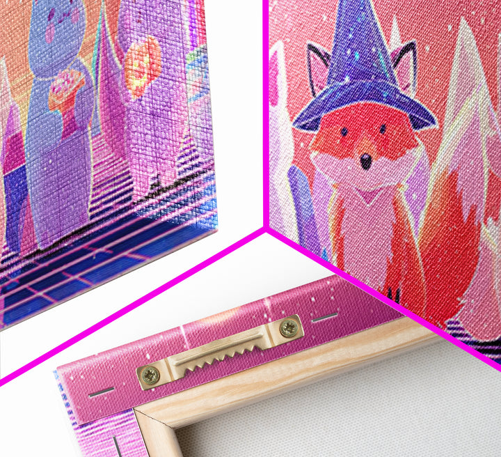 The Fox Wizard, Synthwave Halloween Art, Extra Wide Wall Art, Framed Canvas Print, Retro Halloween Decor, Neon Wall Art, Gothic Home Decor