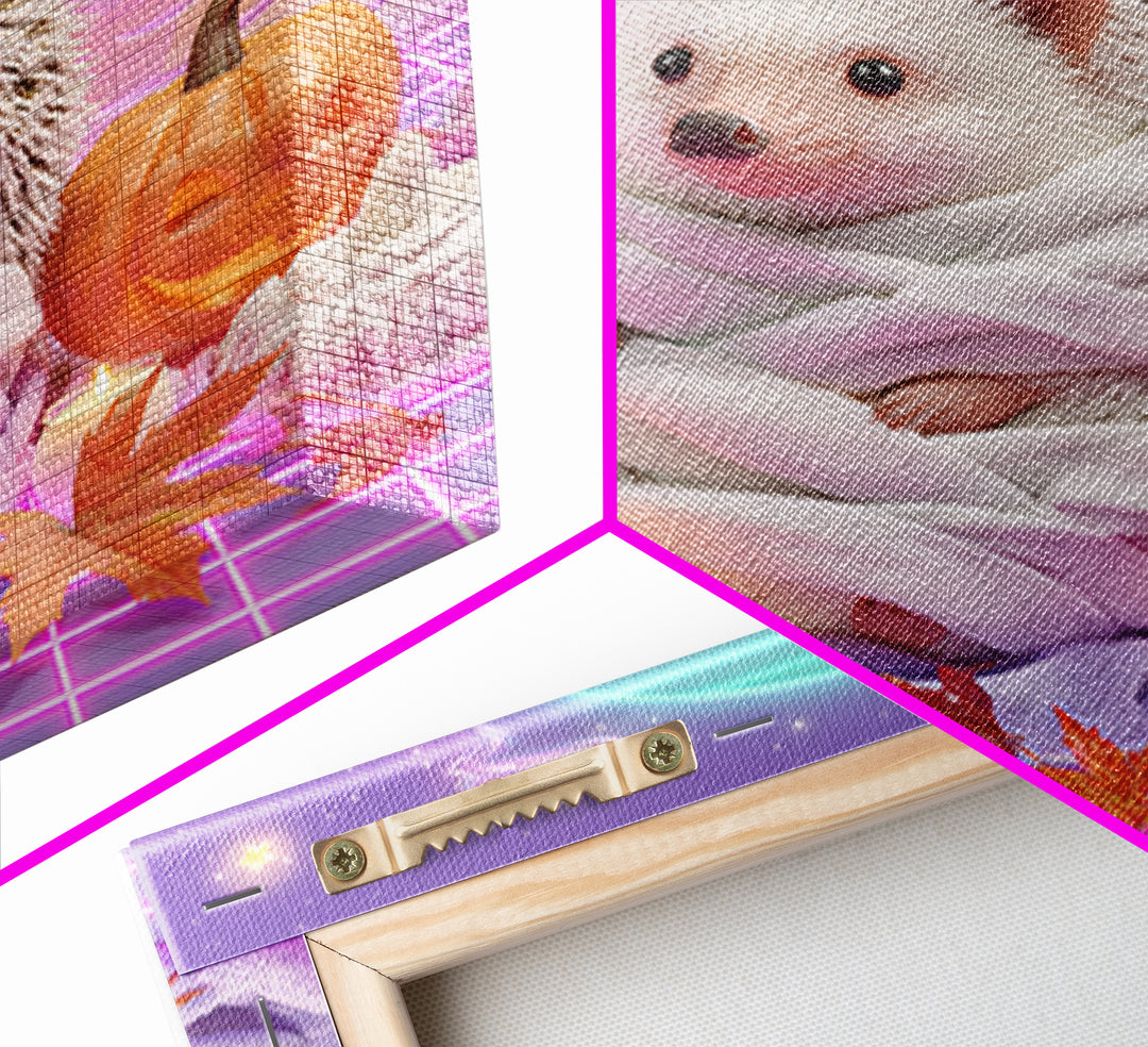 The Hedgehog Mummy, Retro Neon Halloween Art, Square Wall Art, Framed Canvas Print, Retro Halloween Decor, Neon Wall Art