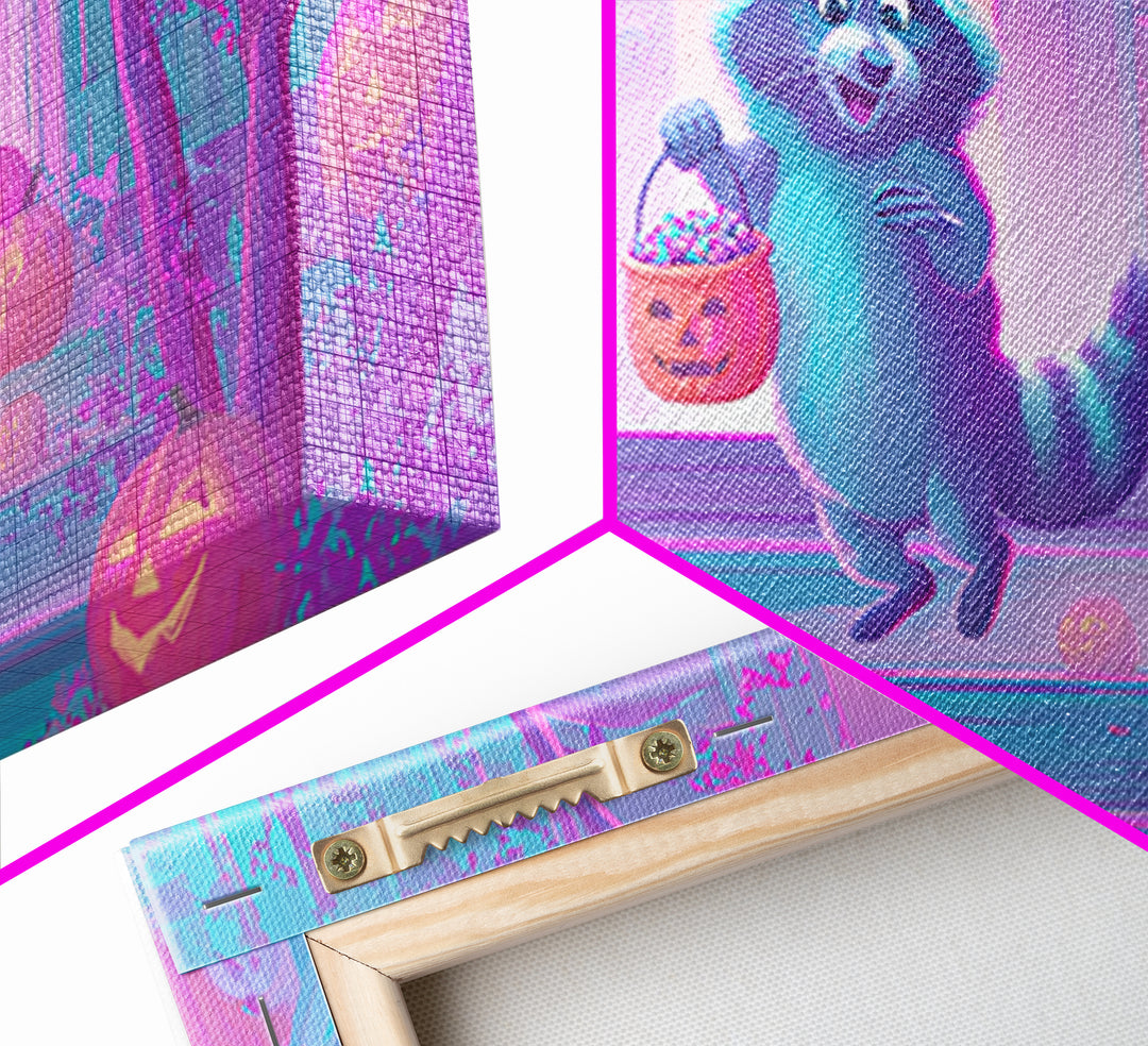 The Raccoon Trick-Or-Treater, Cute Spooky Neon Art, Wide Panoramic Art, Canvas Print, Retro Halloween Decor, Neon Wall Art