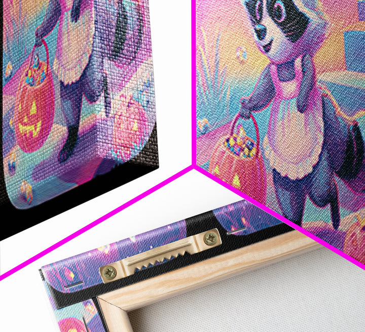 The Raccoon Trick-Or-Treater, Retro Neon Halloween Art, Extra Wide Wall Art, Framed Canvas Print, Retro Halloween Decor, Neon Wall Art