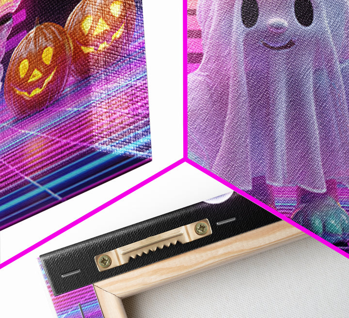 The Bear Cub Ghost, 80s Halloween Wall Art, Landscape Wall Art, Framed Canvas Print, Retro Halloween Decor, Neon Wall Art